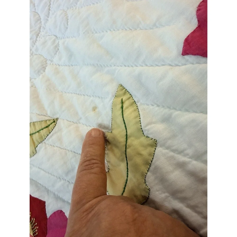 BEAUTIFUL Vtg Red Green Salmon Poppy Applique Antique Quilt Scallop GREAT DESIGN
